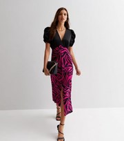 New Look Black Zebra Print Satin Short Puff Sleeve 2-in-1 Midi Dress